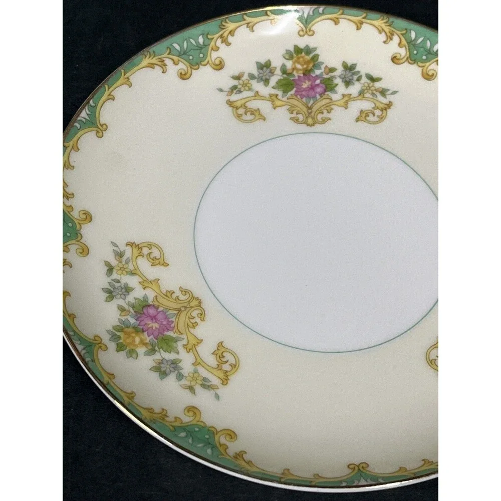1930s Noritake Tiffany M‎ Bread Dessert Plate 6.75” Gold Trim Ivory Aqua Beige
